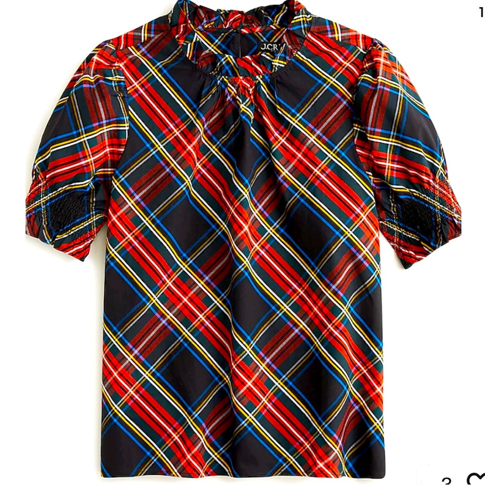 J Crew Stewart Tartan Black Smocked Puff-Sleeve Top